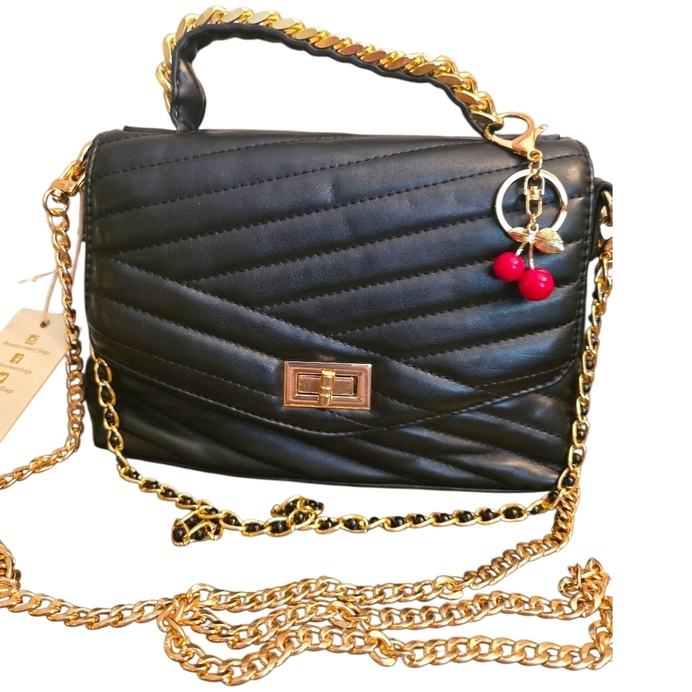 Madison West NWT Black Quilted Crossbody Bag with Cherry Charm